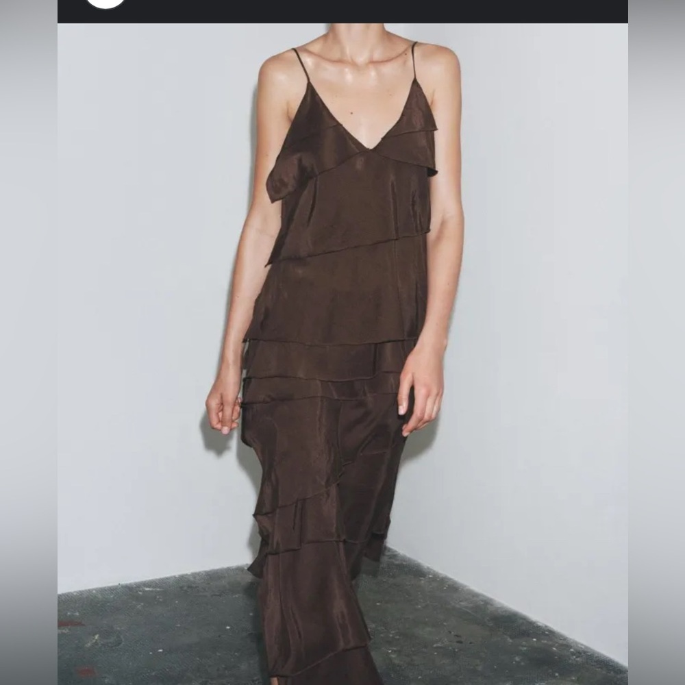 Zara Brown Tiered Silk Midi Dress